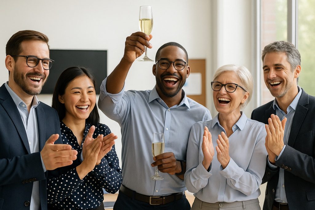 collaborateurs souriants  engages ensemble leur reussite seminaire convivial ambiance positive reussite animation team building cohesion equipe en entreprise